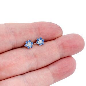 Sterling Silver 925 7.2mm Blue & Clear Cubic Zirconia Flower Stud Earrings